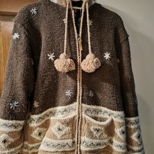 Kyber Wool Cozy Brown, Cream Knit Hooded Jacket, Full Zip, Ski